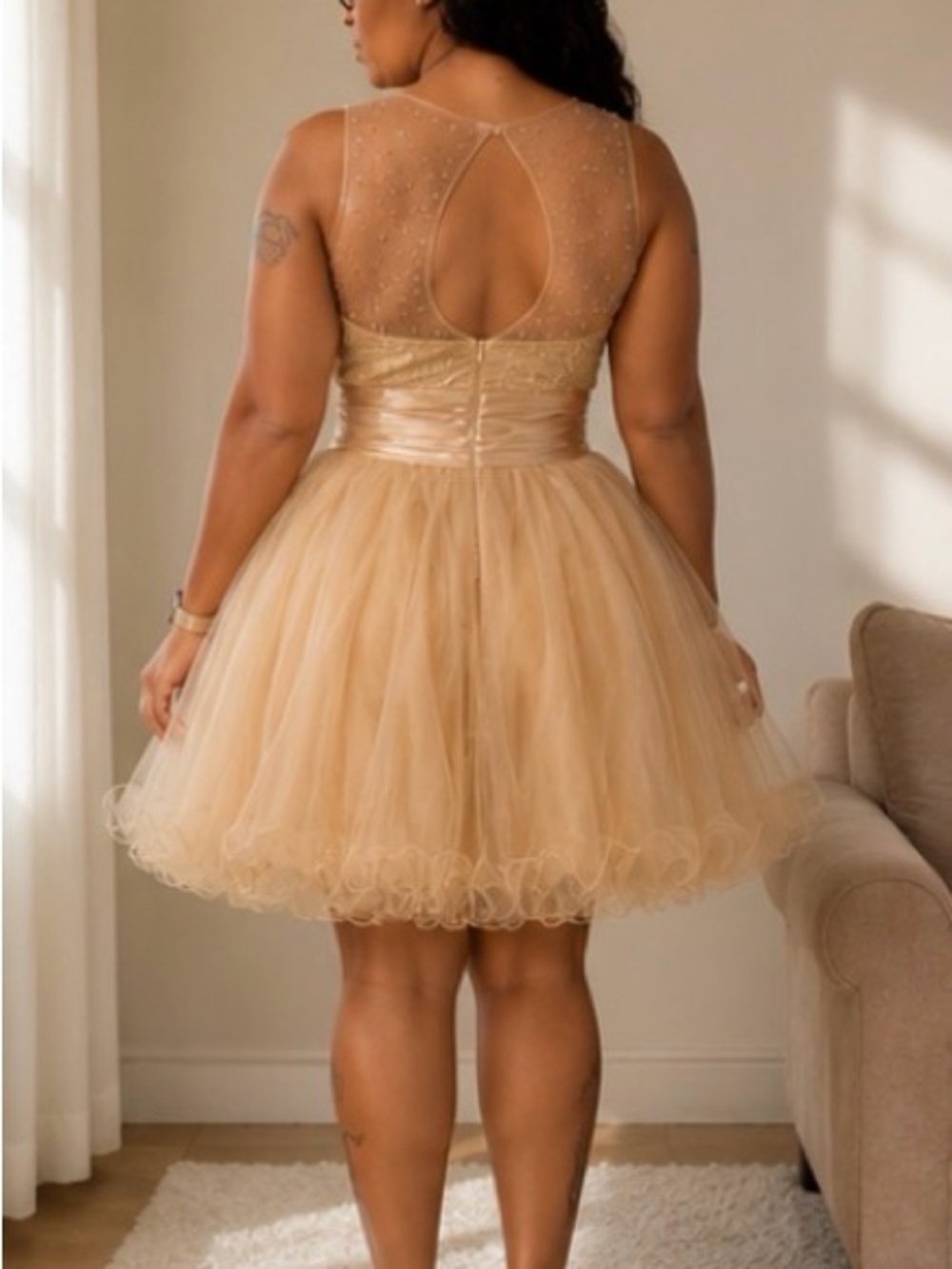 Sleeveless Champagne Tulle Fit-and-Flare Dress with Illusion Neckline - Picture 2 of 10